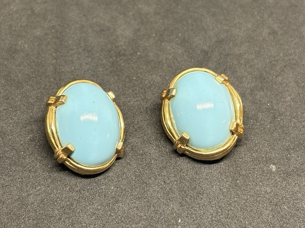 Vintage JOMAZ Joseph Mazer Turquoise Blue Poured Glass Gold Tone Clip Earrings